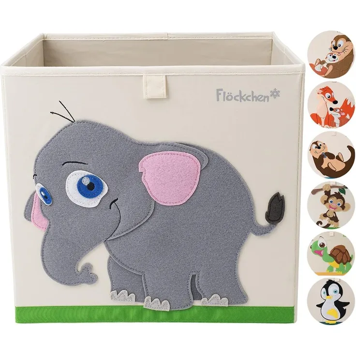 Flöckchen Kinder Aufbewahrungsbox, Spielzeugbox für Kinderzimmer I Spielzeug Box (33 x 33 x 33) passt ins Kallax Regal I Kinder Motiv Tiere (Emilia der Elefant)