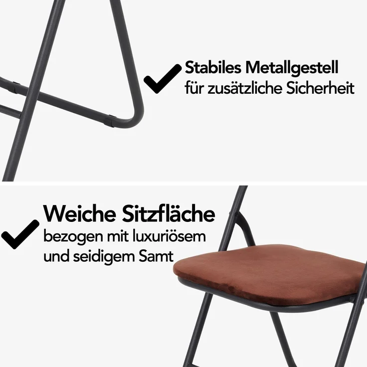 Brixy Klappstühle - 4er Set - Klappstühle - Samt - Esstisch Stühle - Klappstühle - 43 x 47 x 80 cm - Stühle - Braun – Bild 5