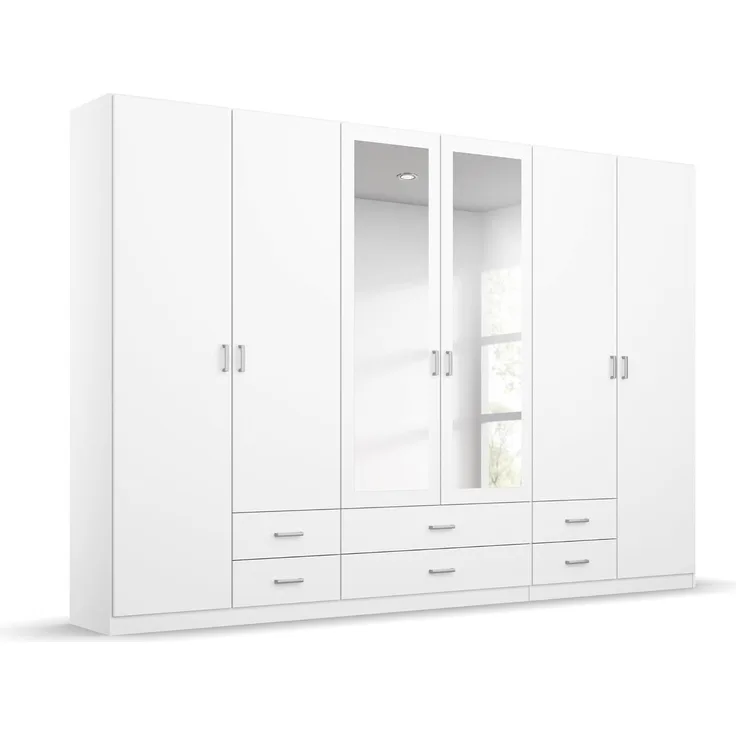 rauch Kleiderschrank, Drehtürenschrank GAMMA, 6-türig, 2 Spiegeltüren teilaufgelegt, 6 Schubkästen, Alpinweiß, 271 x 210 x 54 cm