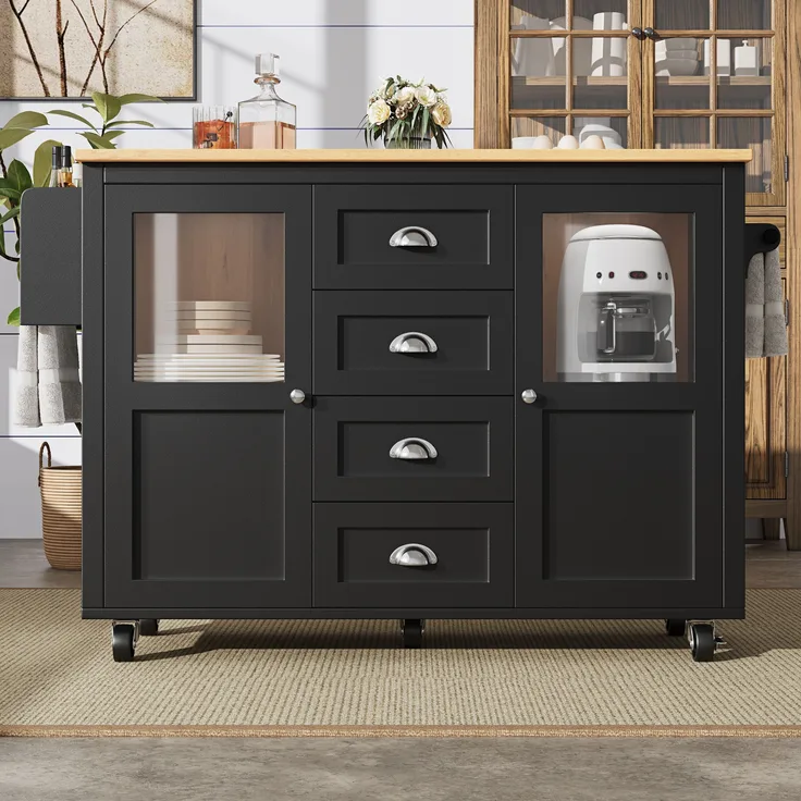 Multifunktionale Kücheninsel Schwarz 137,9×73×92,5 cm, Klapptisch, 4 Schubladen, Glastüren, Handtuch- & Gewürzregale, 92.5cmx137.9cmx45-73cm