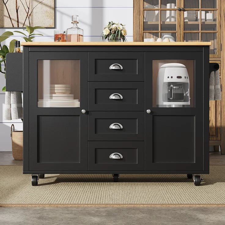 Multifunktionale Kücheninsel Schwarz 137,9×73×92,5 cm, Klapptisch, 4 Schubladen, Glastüren, Handtuch- & Gewürzregale, 92.5cmx137.9cmx45-73cm – Bild 1