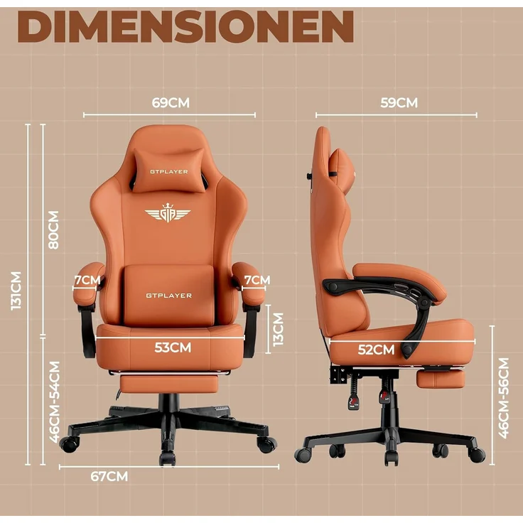 GTPLAYER Gaming Stuhl, Atmungsaktiver Bürostuhl,bürostuhl ergonomisch, Hochwertiger - Kunstleder,Ergonomischer PC Stuhl, 160° Verstellbare Rückenlehne und ausziehbare Fußstütze,Tragkraft 180 kg,Orange – Bild 3