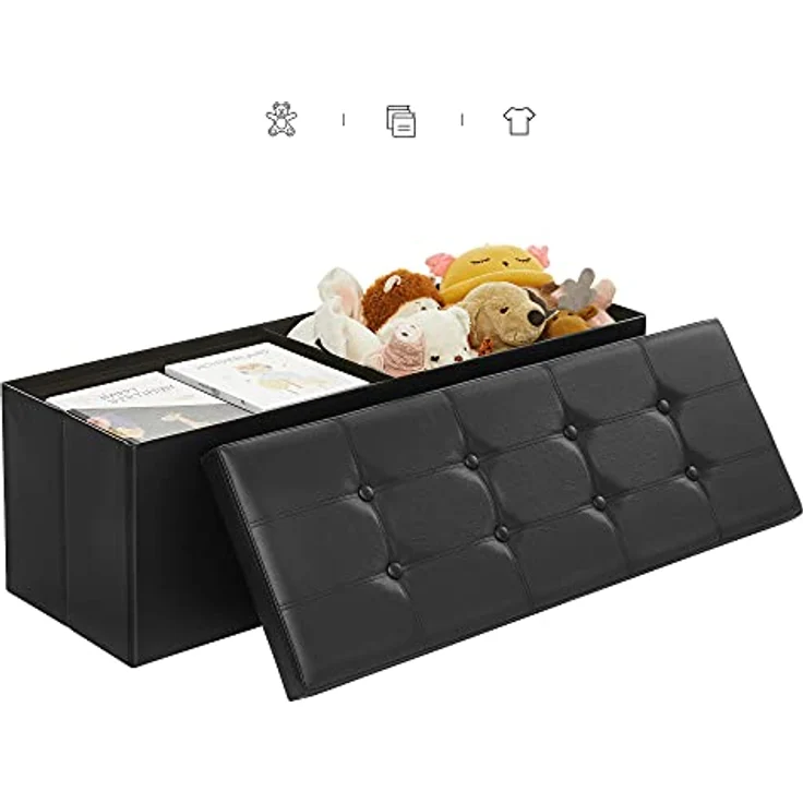 Songmics Sitzbank mit Stauraum, Truhe mit Deckel, faltbares Sitzmöbel am Bettende, gepolstert, platzsparend, 120 L Fassungsvermögen, stabil bis 300 kg, Schlafzimmer, Flur, schwarz LSF701 – Bild 6