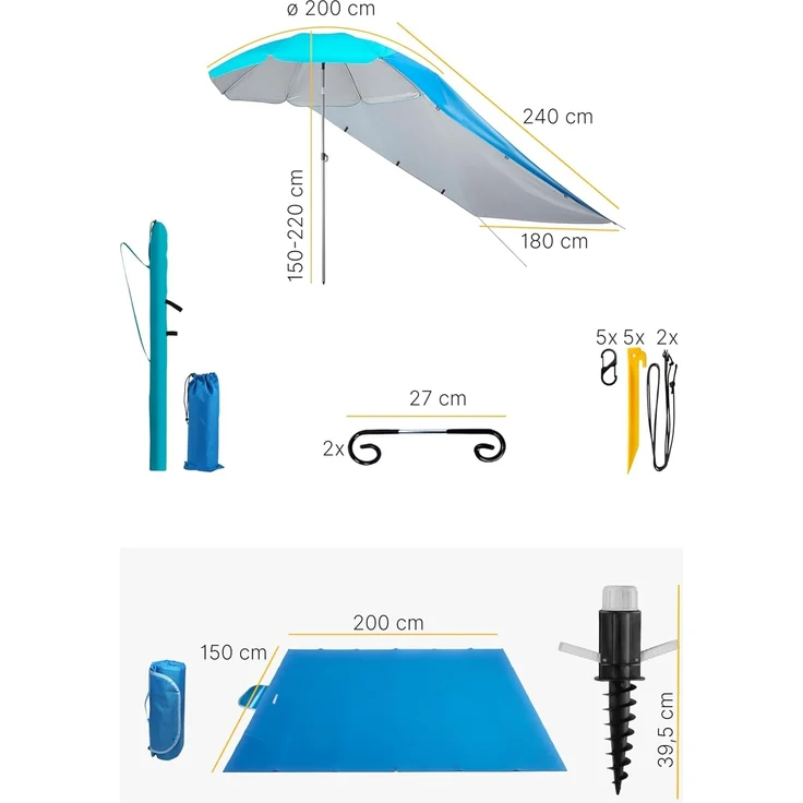 4smile Sonnenschirm, 5er-Set, Türkis, praktischer Sonnenschirm Strand, Ø 200 cm, Stabiler Strandschirm, Schirmständer Erdspieß, Sonnensegel Strand, kompakte Stranddecke, Schirmhülle – Bild 5