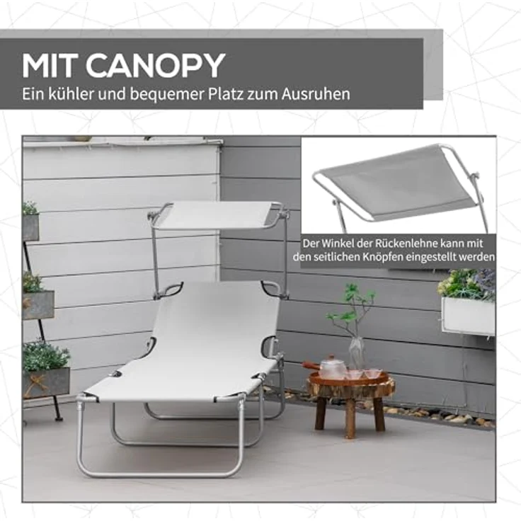 Outsunny Sonnenliege klappbar Gartenliege mit Dach, Liegestuhl mit 4-Fach verstellbare Rückenlehne, wetterfeste Campingliege bis 120 kg belastbar, für Garten Strand Pool, Hellgrau – Bild 6