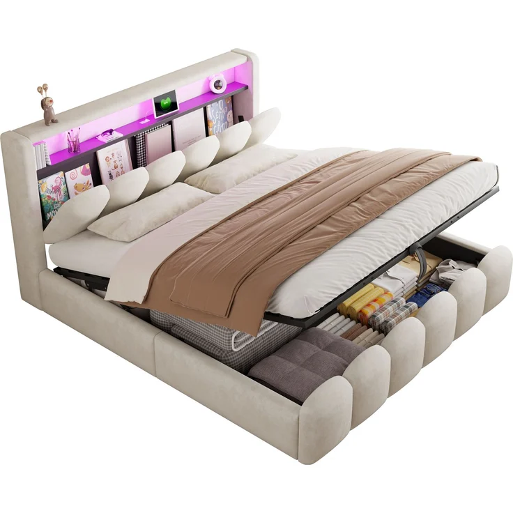 Polsterbett 180*200, Ausgestattet mit hydraulischer Staufunktionund Stauraum im Kopfteil, Doppelbett, Samtstoff,mit USB- und Typ-C-Anschlüssen, mit LED, weichem Samtstoff und Blütenblattdesign,Beige ( – Bild 8