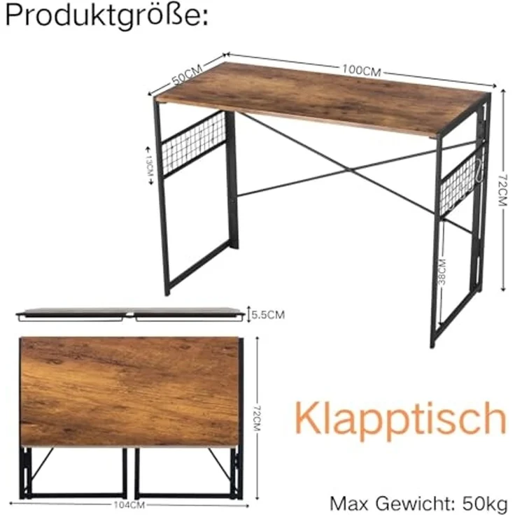 FurnitureR Esstisch Klappbar 100x50cm - Gästetisch faltbar mit Stahlrahmen, 50kg, für 4 Personen, klappbar 5,5cm (Braun Holzoptik) – Bild 3