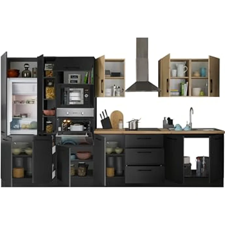 Stella Trading Turin ZBM Küchenzeile 360 x 211 x 60 cm, schwarz - Ohne Küchengeräte - Moderne, geräumige Küche in Artisan-Eiche Optik mit viel Stauraum – Bild 4