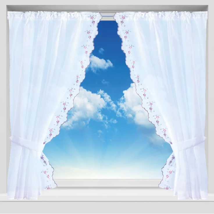 Gardinenset Voile mit Stangendurchzug Serie: Satin, Auswahl: weinrot - Blumen bestickt 5-teilig – Bild 3