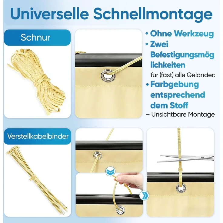 Sekey Balkon Sichtschutz Balkonabdeckung Balkonverkleidung blickdichte Wind- und UV-Schutz, 100% Privatsphäre, mit Ösen, Nylon Kabelbinder und Kordel, 75x300cm, Beige – Bild 4