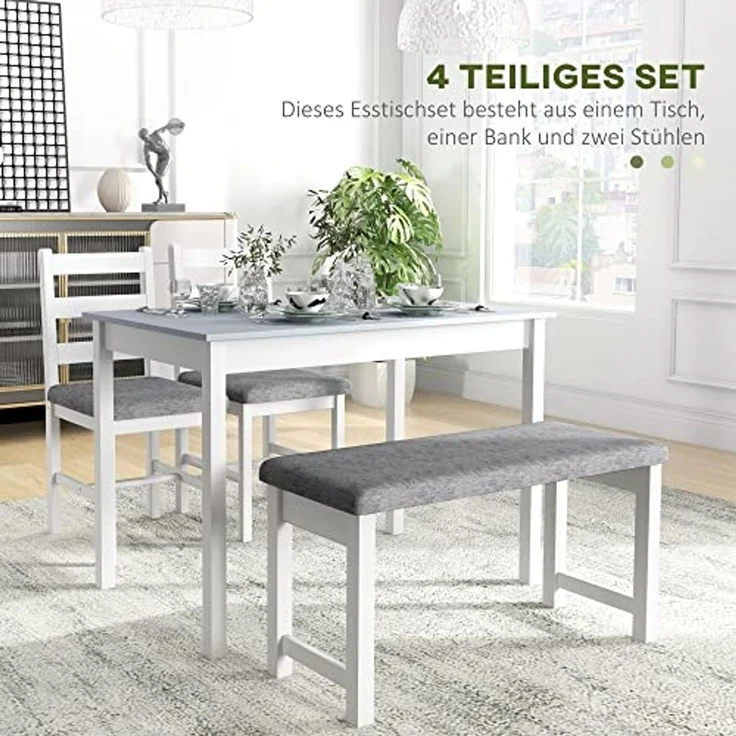 HOMCOM Essgruppe Esstisch mit 2 Gepolsterten Stühlen, Bank, (Esszimmergruppe, 4-tlg, Esstisch-Set), für Küche, Esszimmer, Kiefernholz, Grau+Weiß – Bild 3