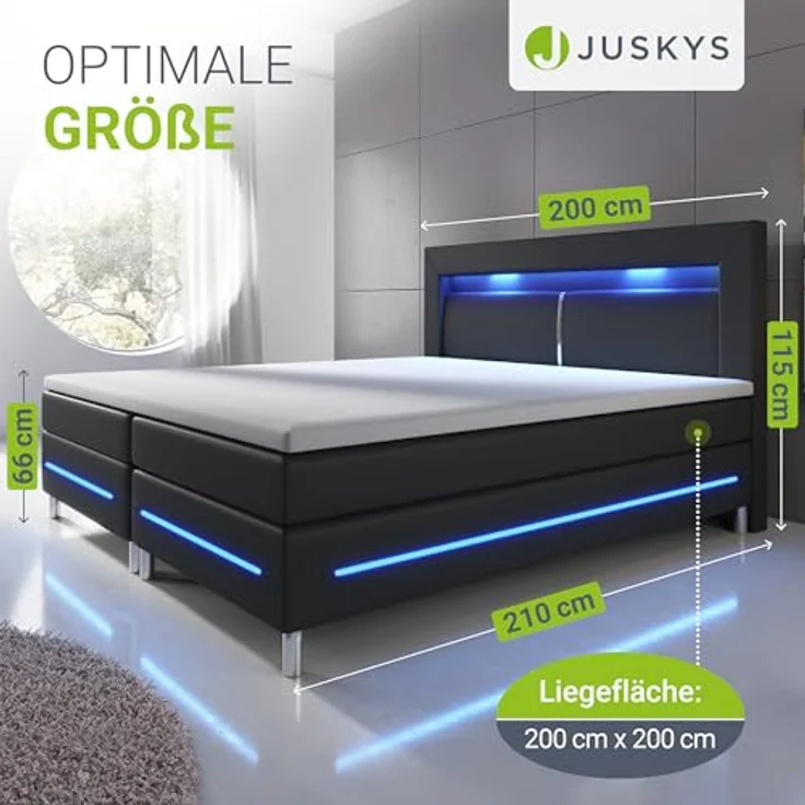 Juskys Boxbett Norfolk, Schwarz, 200x200 cm, Boxspringbett mit LED-Beleuchtung und Bonell Federkernmatratzen – Bild 2