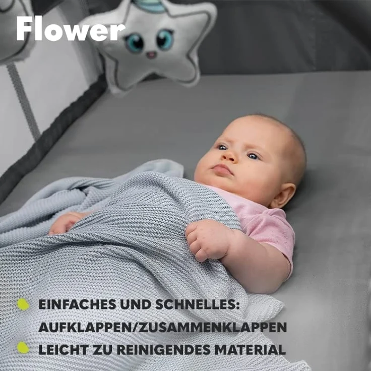 Lionelo Flower 4in1 Reisebett Baby mit Seiteneingang, Wickeltisch, Zwei Matratzenaufhängungshöhen, Spielzeugbogen mit Spielfiguren, Rollen, Tragetasche – Bild 8