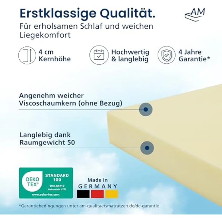 AM Qualitätsmatratzen Viscoschaum Topper 90x200cm, viscoelastische Matratzenauflage aus Memory Foam, druckentlastend, Made in Germany – Bild 3