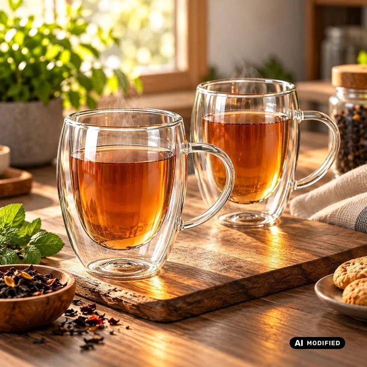 axentia Teeglas 2er Set Teegläser mit Hengel Henkelglas Trinkglas Trinkgläser, Borosilikatglas, doppelwandig isoliert, mit optischem Schwebe-Effekt – Bild 3