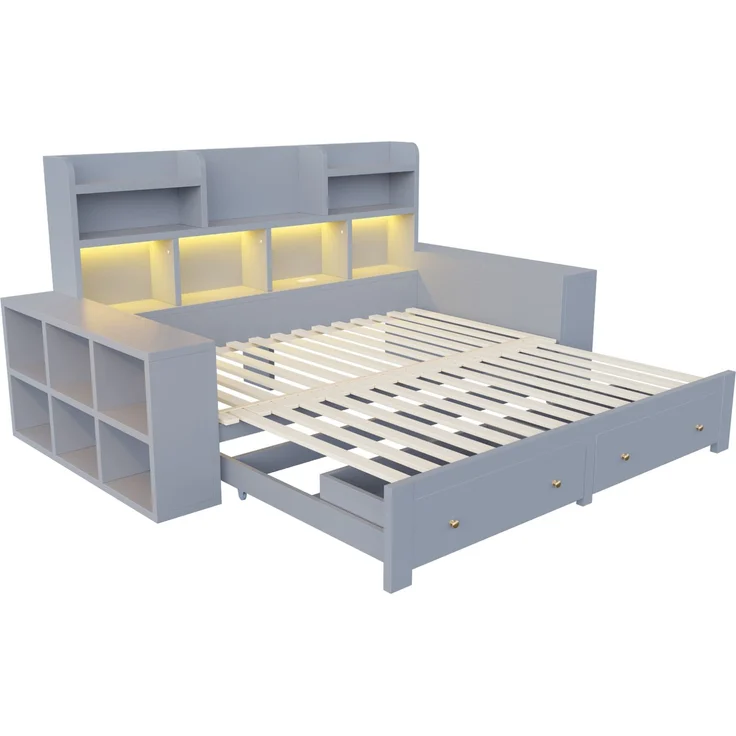 CHICFURN Ausziehbett aus MDF Grau 90/180x200 cm mit Stauraum und LED-Beleuchtung – Bild 8