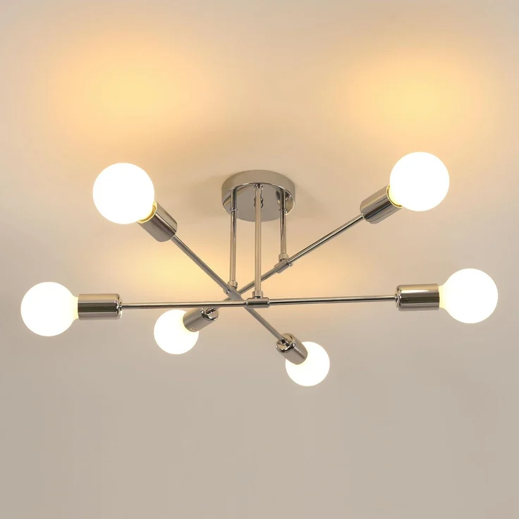 Goeco Industrial Vintage Deckenleuchte, Galvanisierte Metall Deckenlampe Kronleuchter mit 6 E27 Fassungen für Wohnzimmer Esszimmer Küche Flur, Chrom, Dia. 60 cm(Ohne Glühbirnen) – Bild 1