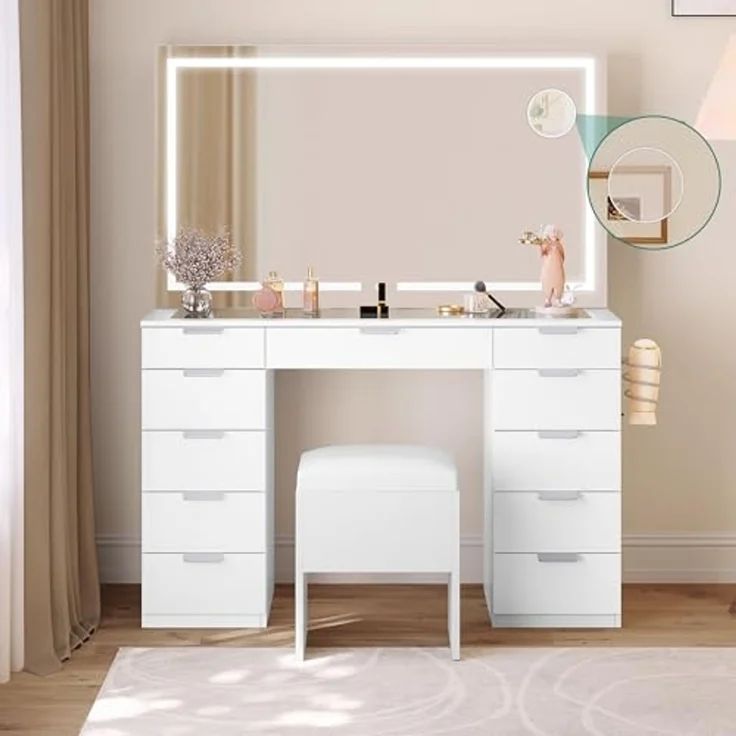 YITAHOME Schminktisch mit LED-Beleuchtung, 3 Farben mit Einstellbarer Helligkeit, Frisiertisch mit Spiegel für Make-up, Kosmetiktisch mit Steckdose, 11 Schubladen, modern, weiß – Bild 4
