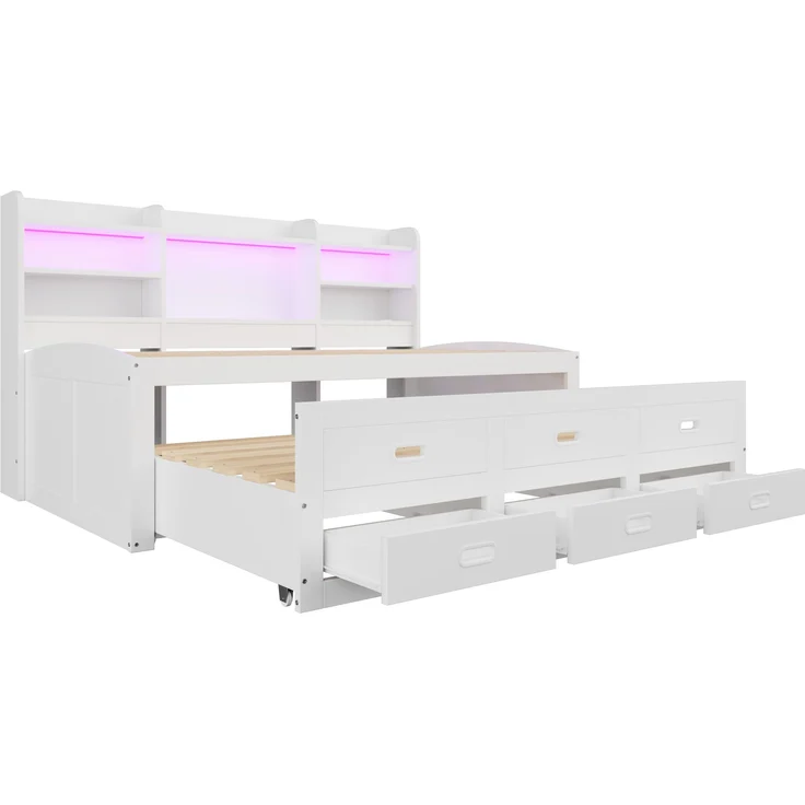 Bett 90x200 cm mit Ausziehfunktion, LED-Fernbedienung und Stauraum – Weiß – Bild 9