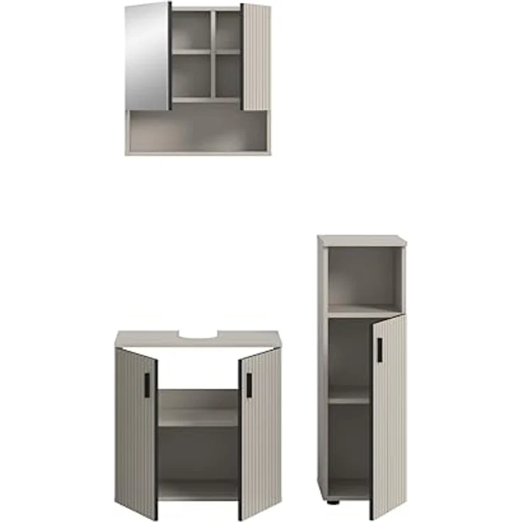 xonox. home – Badkombination Mone 105x180x30 cm in Kaschmir Nachbildung – 3-teiliges Set inkl. Waschbeckenunterschrank, Spiegelschrank & Badschrank – Stilvolle Einrichtungslösung mit kompakten Maßen – Bild 3