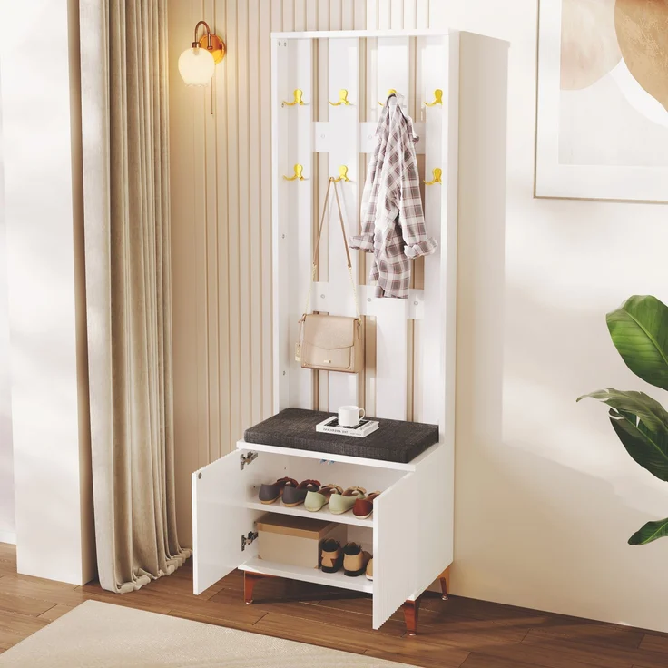 Garderobenset 60,5x35,2x180,5 cm, mit Schuhbank, Kissen, Haken und Push-to-open in Weiß – Bild 4
