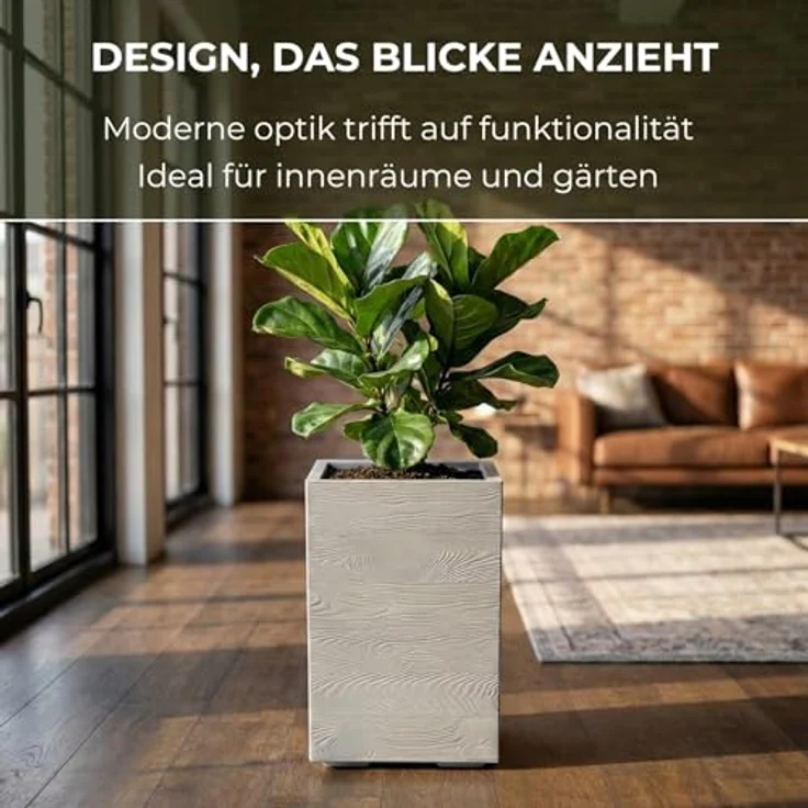 LAMELA Pflanzkübel mit Rollen Höhe 60 cm, 36L – Blumentopf aus Kunststoff in Holzoptik – Übertopf mit Wasserablauf – Modern für Innen & Außen - Wetterfest & Pflegeleicht, Grau – Bild 4