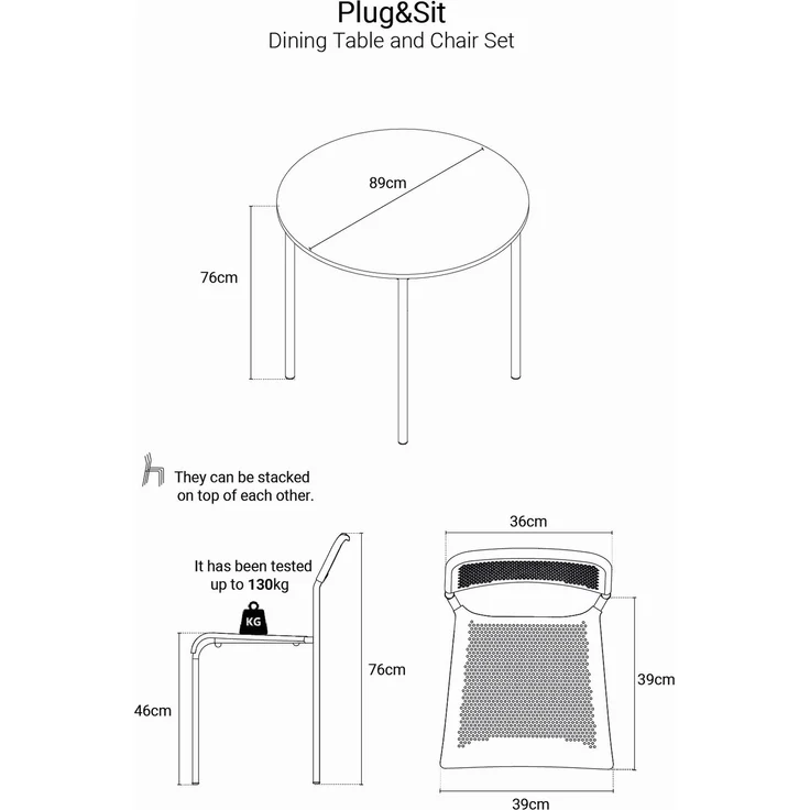 Skye Decor 'Table & Chairs Set 89 - White, Oak' Tisch- und Stuhlset (5-teilig), Weiß / Eiche, 89 x 76 x 89 cm – Bild 8