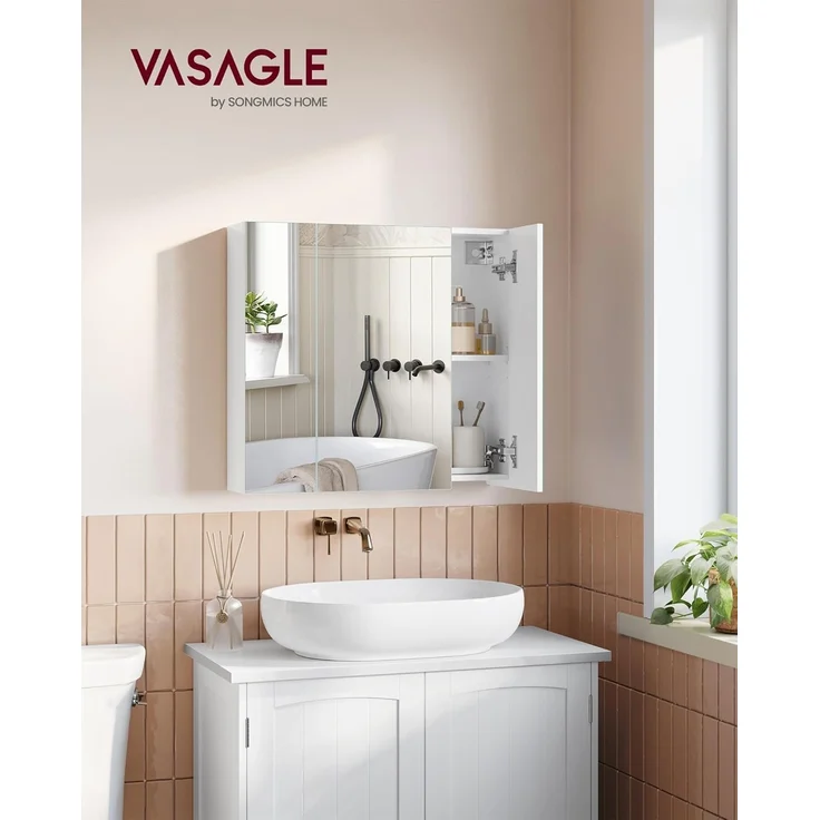 Vasagle Spiegelschrank, Badezimmerschrank, Aufbewahrungsschrank mit 3 Türen, fürs Badezimmer, 15 x 60 x 55 cm, mit verstellbaren Regalebenen, modern, weiß BBK22WT – Bild 2