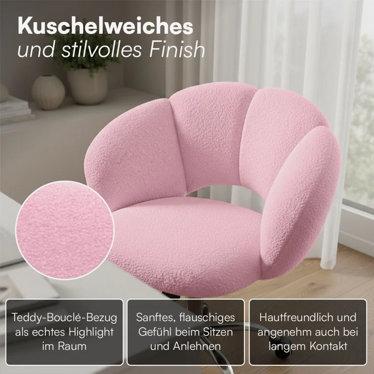 Bellamio 'Meli' Wolkenstuhl, rosa, Teddy-Bouclé Stoff, höhenverstellbar & drehbar, bis 140 kg, Schmink- & Schreibtischstuhl mit Rollen – Bild 7