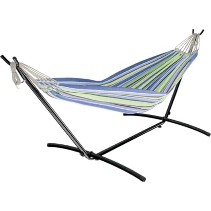 GARMIO Hängematte mit Stahlgestell, 200kg Belastbarkeit, klappbar, Blau-Grün, 270x110x105cm, inkl. Zubehör & Tragetasche, pflegeleicht – Bild 6