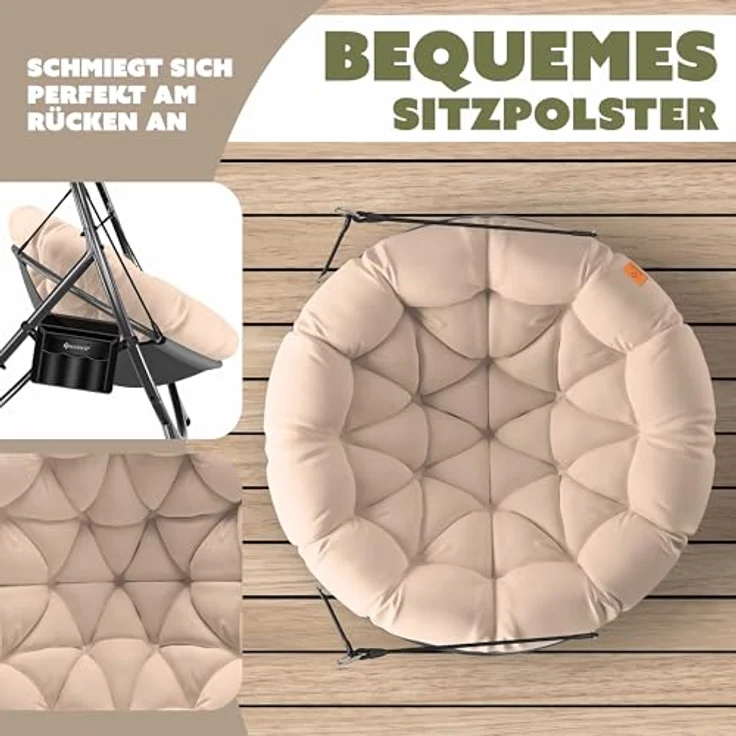 KESSER® Hängesessel mit Gestell BALI Hängeschaukel Hängestuhl bis 150kg für Indoor und Outdoor + Kissen & Seitentasche Hängekorb Stahlgestell & Schaumstoff Sitzpolster ideal für Wohnzimmer & Garten Beige – Bild 4