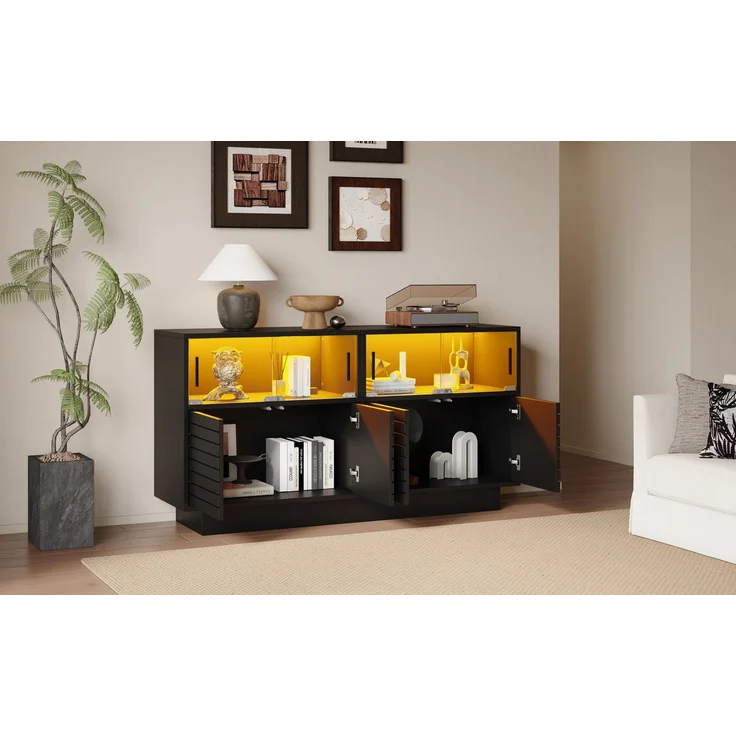 Merax Sideboard mit 2 Kabinett, 4 Fächern, Glastüren, Breite 130 cm, Beistellschrank mit LED-Licht, Wohnraumschrank mit viel Stauraum, Schwarz – Bild 6