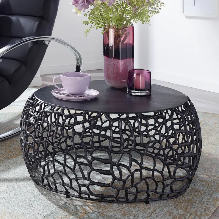 Couchtisch Metall 66 x 66 x 30 cm Sofatisch Aluminium Rund | Design Wohnzimmertisch mit Ast-Struktur | Kleiner Kaffeetisch Modern | Beistelltisch Anstelltisch Wohnzimmer schwarz