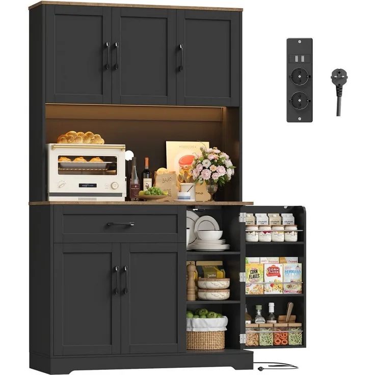 Homfa Küchenbuffet Küchenbuffet mit LED und Steckdosenleiste Küchenschrank Buffetschrank Sideboard mit Steckdosenleiste & Arbeitsplatte 180,5x100x38,6cm