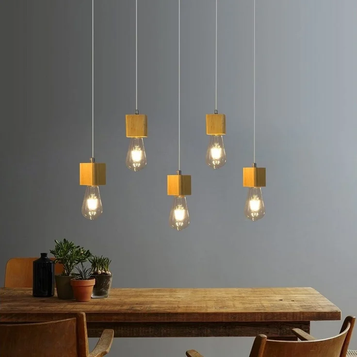 ZMH Pendelleuchte Holz 5 flammig Höhenverstellbar E27 Esszimmer Wohnzimmer, LED wechselbar, Warmweiß – Bild 1