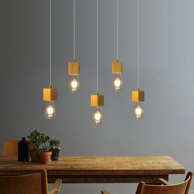 ZMH Pendelleuchte Holz 5 flammig Höhenverstellbar E27 Esszimmer Wohnzimmer, LED wechselbar, Warmweiß