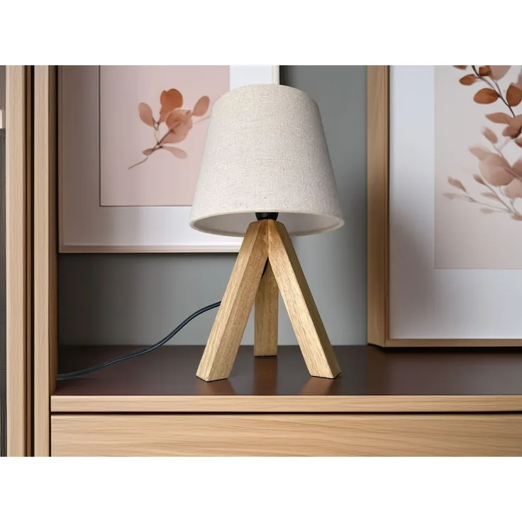Tischlampe mit Dreibein aus Holz, Stoffschirm Creme Weiß, Höhe 27cm