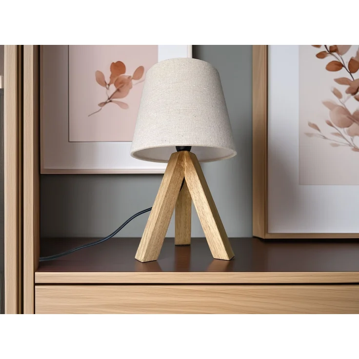 Tischlampe mit Dreibein aus Holz, Stoffschirm Creme Weiß, Höhe 27cm – Bild 1