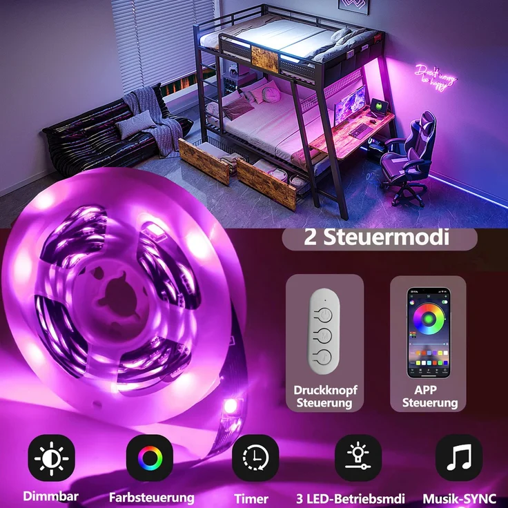 Metall-Etagenbett 90×200cm,integrierter Gaming-Schreibtisch mit Steckdosen, USB- und Type-C-Anschlüssen, mit LED-Lichtband, zwei Aufbewahrungskörben, Jugend-Spielbett, Doppel-Eisenbett, Schwarz – Bild 5