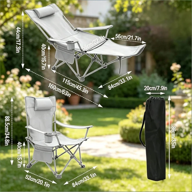Campingstuhl B 84 x T 115 x H 88,5 cm / 160 x 84 x 44 cm aus 600D Oxford-Gewebe und Stahlrohr, klappbar mit Fußlehne, 1 Stk. – Bild 5