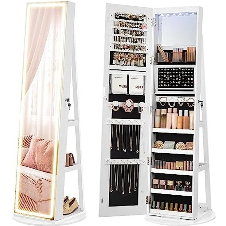 SONGMICS Schmuckschrank mit LED-Beleuchtung und Spiegel, Spiegelschrank, abschließbar, Spiegel mit Rahmen, einstellbare Helligkeit, platzsparend, Geschenkidee, wolkenweiß JJC008W03 – Bild 1