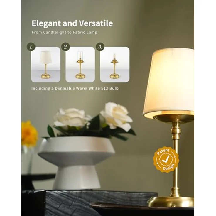 LuminexDesigns Bettlampen Wiederaufladbare Kabellose Tischlampen 5200 mAh für Wohnzimmer mit Inklusive Glühbirne Dimmbar Touch-Steuerung 3-in-1 Lampenschirm für Schlafzimmer Esszimmer Home-Dekor Gold – Bild 2