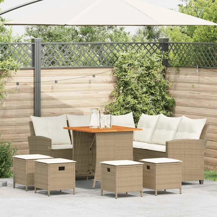 vidaXL 6-tlg. Garten-Sofagarnitur mit Kissen L-Form Beige Poly Rattan 3213542 – Bild 1