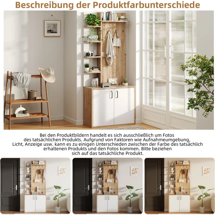 75*33*180cm Garderobenständer mit Garderobe, Schuhaufbewahrung, Flurausstattung mit Kleiderhaken, Flurschrank mit 5-lagiger Stauraumeinteilung und Stauraumschränken, Original Holzfarbe + weißes – Bild 7