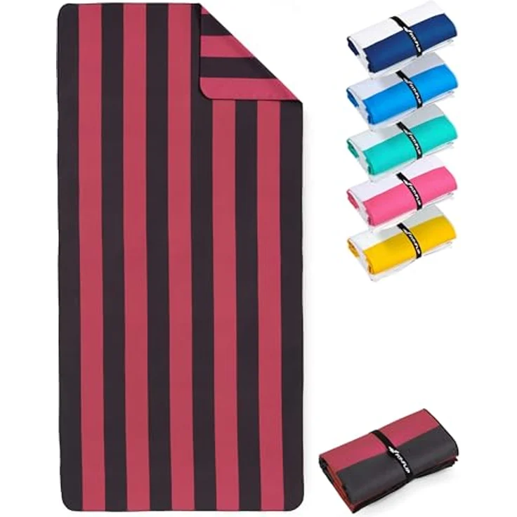 Fit-Flip Strandtuch XXL, Mikrofaser, leicht und schnelltrocknend, 100% recyceltes Strandhandtuch, weinrot-dunkelgrau gestreift, 200x90cm – Bild 1