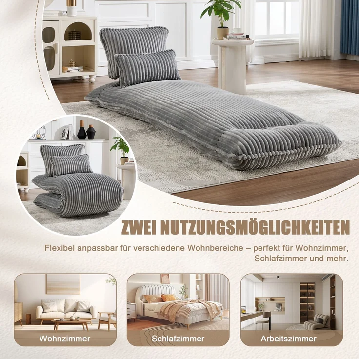 LVHOM Schlafsessel mit Bettfunktion, 227 cm Klappsessel Bodensessel mit Stahlrahmen, klappbarer Relaxsessel inkl. 2 Kissen, bis 150 kg belastbar, Cord Grau – Bild 5
