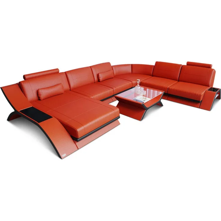 Sofa Dreams - XXL Wohnlandschaft Calabria – Leder Luxus - Ledermix - orange-schwarz - Links