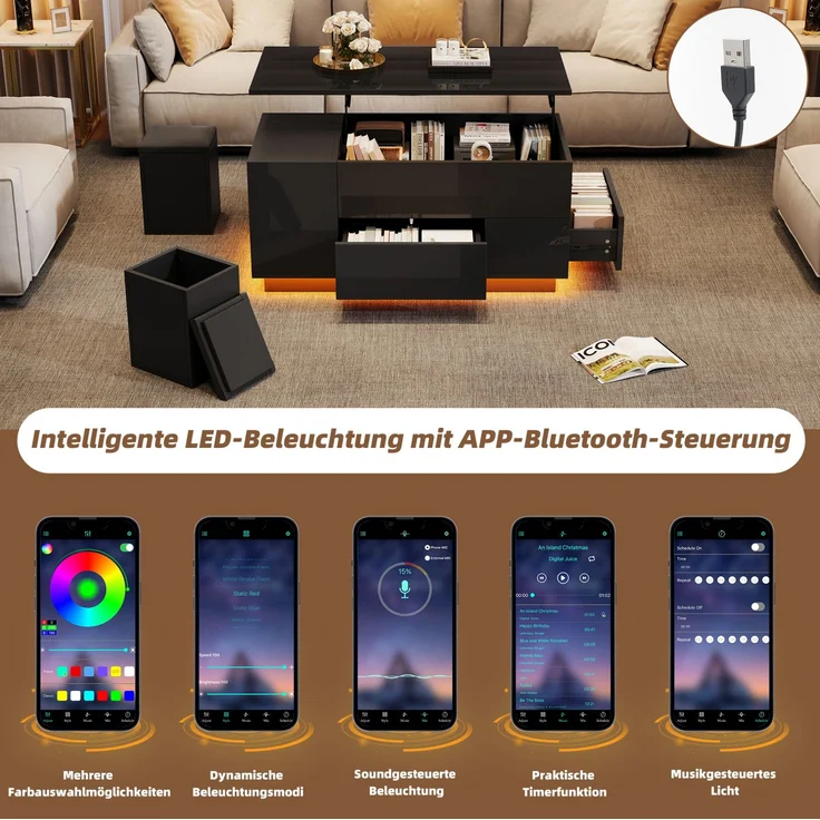 Couchtisch aus Spanplatte mit Hubfunktion, LED, Stauraum & 2 Hockern, 100x50x45 cm, Schwarz – Bild 8