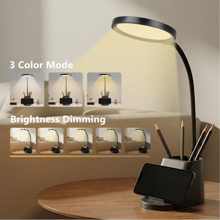 LQWELL LED Schreibtischlampe 4 in 1 LED Schreibtischlampe USB Aufladbar, LED fest integriert, 3 Helligkeitsstufen Nachtlicht, 360° Flexibel Stifthalter Tischlampe Studienlampe, mit Telefonhalter,für Heimbüro – Bild 2