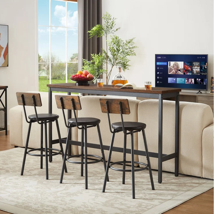Bartisch-Set mit 3 PU-Hockern, 160x40x95,5 cm, Rustikales Braun/Schwarz – Bild 2